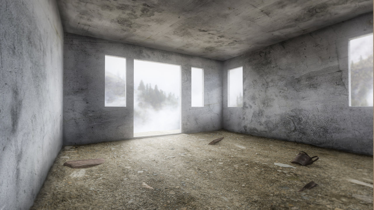 Empty, weathered concrete room. Daylight streams through windows overlooking a foggy forest. Debris on floor.