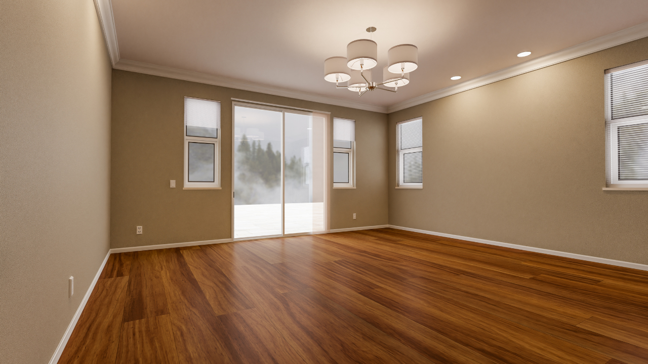 Empty room with hardwood floors, beige walls, sliding glass door, and a chandelier.