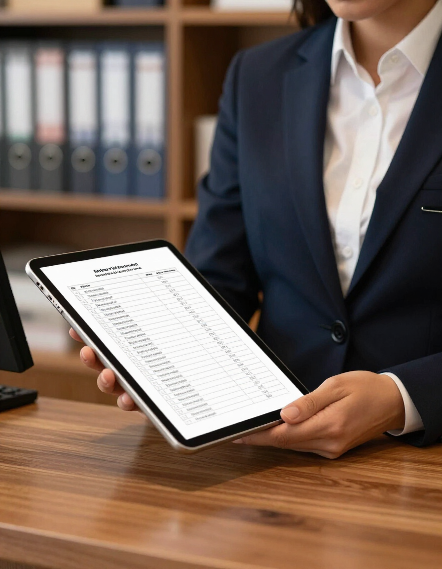 Business owner reviewing onboarding checklist at front desk