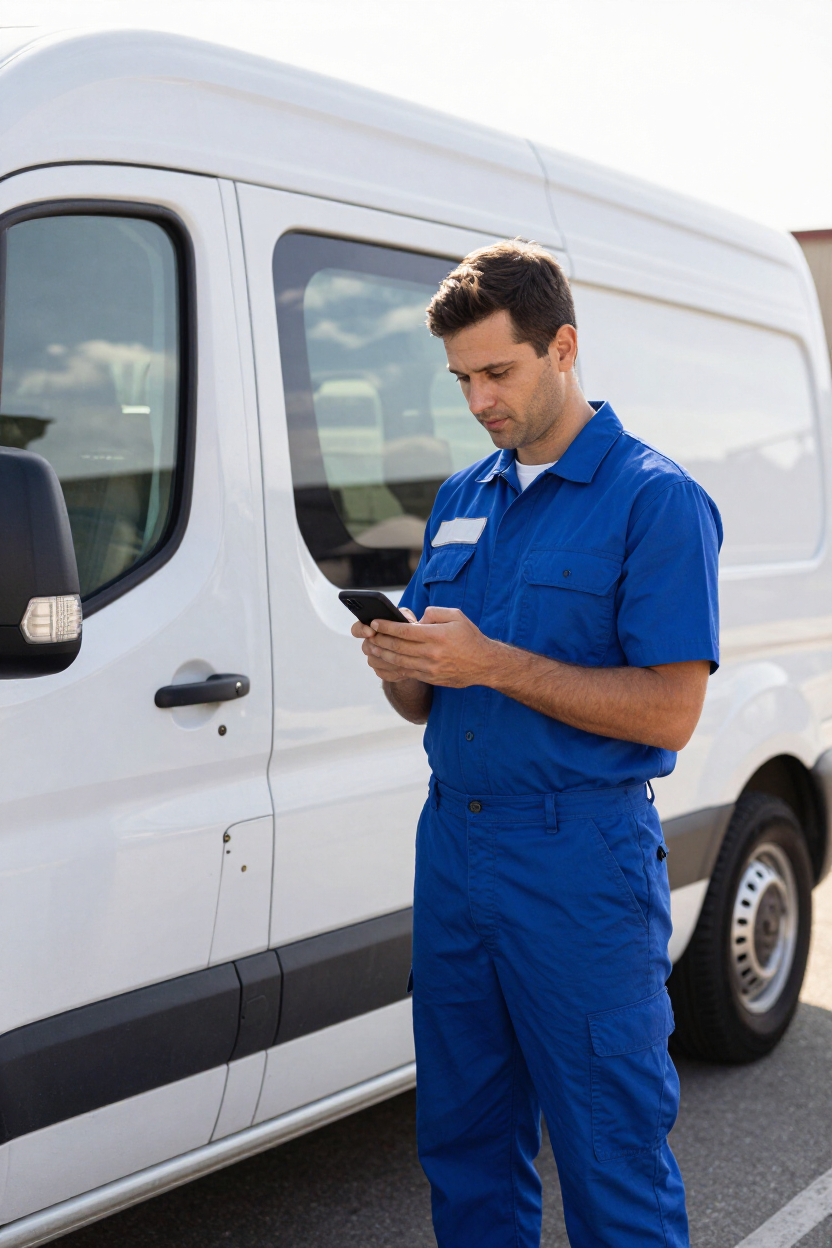 Field service technician checking phone near service van