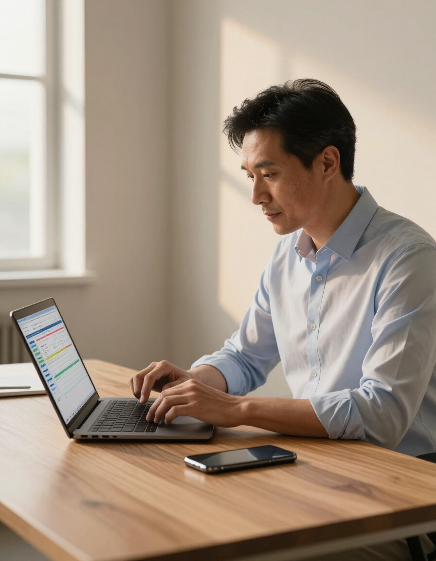 Service business owner reviewing scheduling software