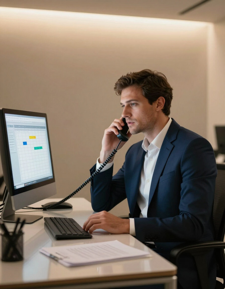 Business owner at desk with phone and scheduling software