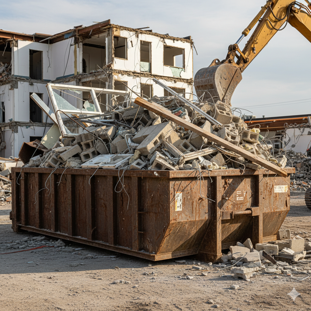 Demolished building being loaded with debris into a large, rusted metal dumpster by an excavator.