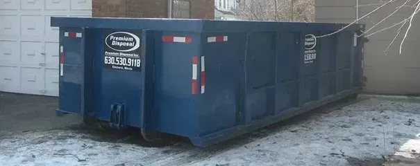 Blue dumpster sits outside.