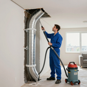 Une personne utilise un aspirateur pour nettoyer l'intérieur d'un conduit