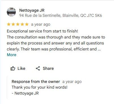 Un avis cinq étoiles sur Google pour Nettoyage JR