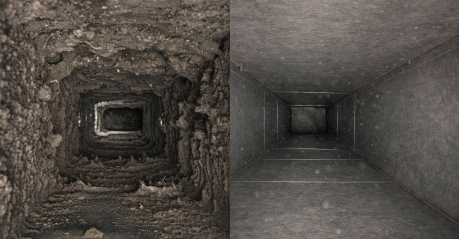 Comparaison côte à côte d'un conduit d'aération sale et rempli de débris avec un conduit d'aération propre et vide.