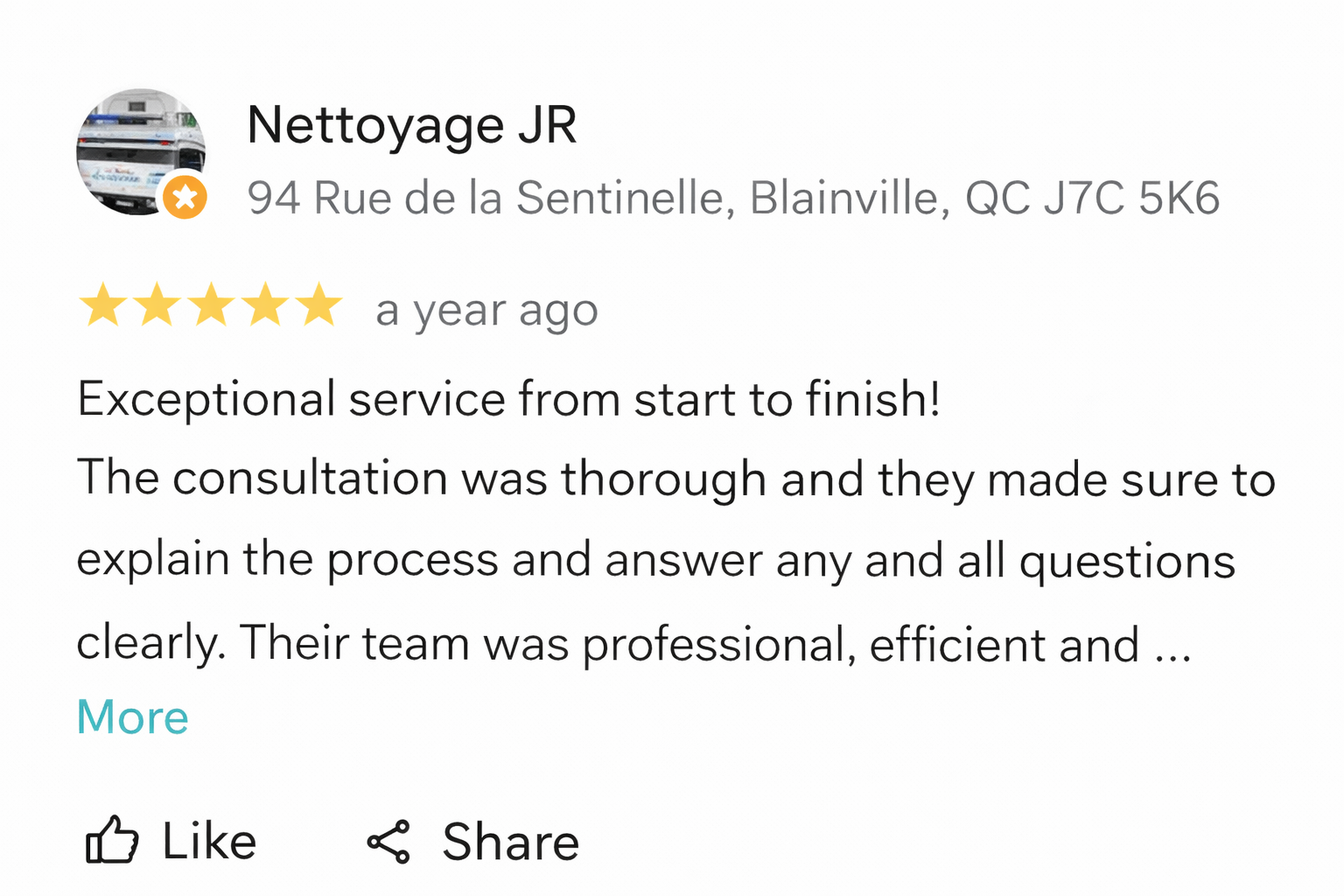 Un avis cinq étoiles sur Google pour Nettoyage JR à Blainville