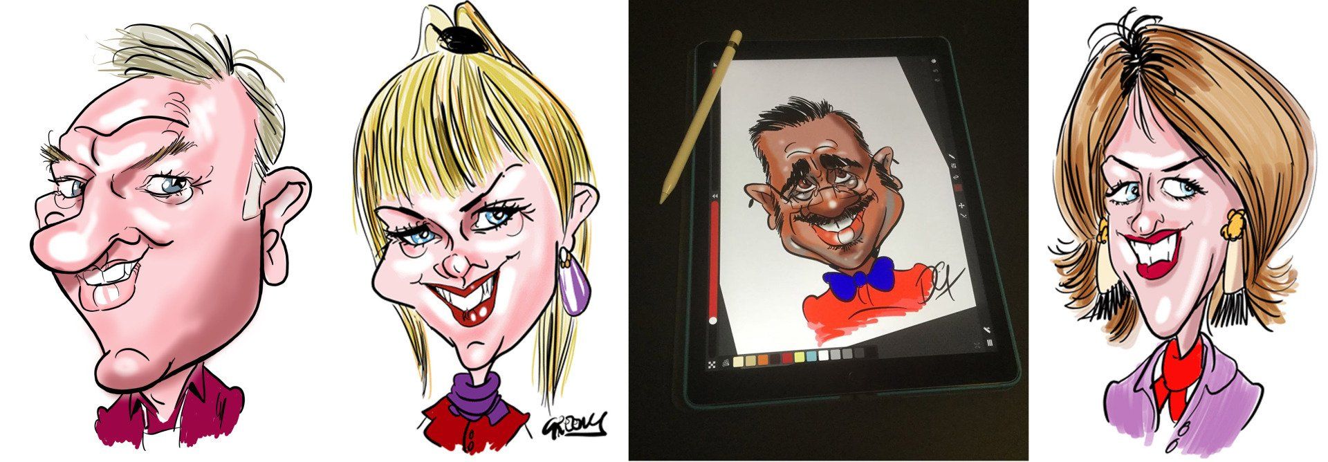Digital live caricatures on the ipad printed by david Gree
