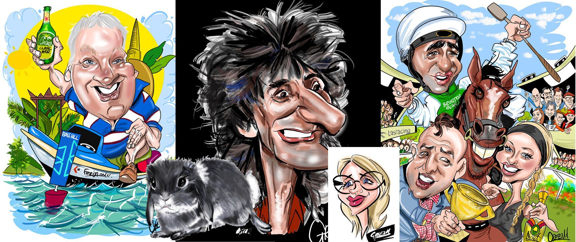 Caricature gifts by caricature cartoonist David Green to event hire pet portraits drawing of animals to design.