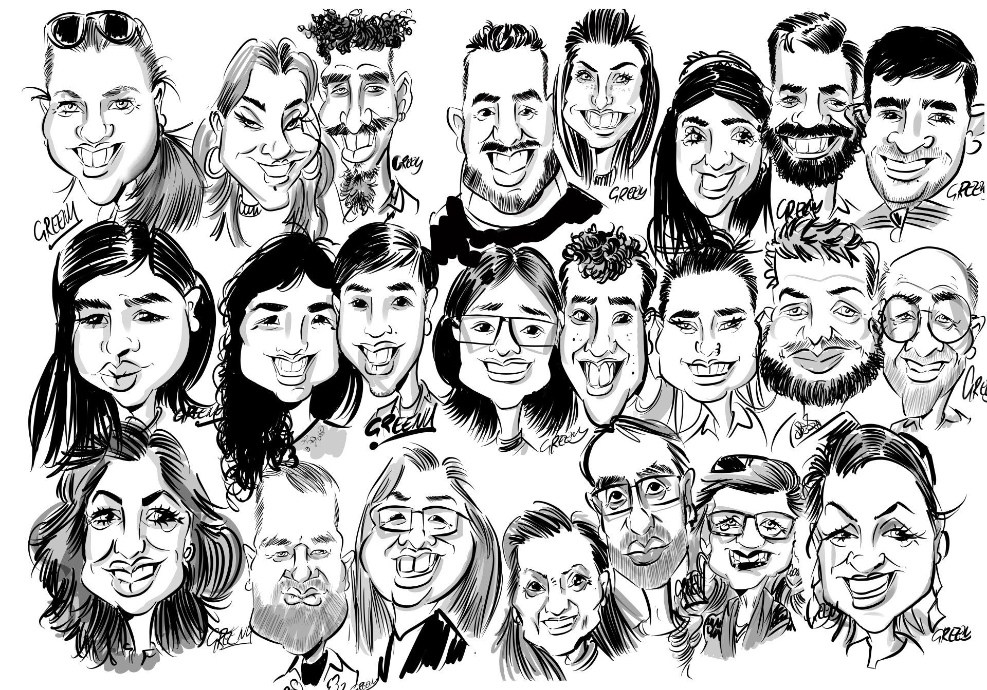 Digital live black and white caricatures on the ipad printed by david Gree