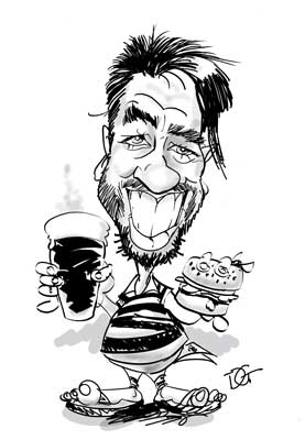 Hand drawn black and white original caricature of a bee keeper, s emailed to you or posted these hand drawn caricatures are drawn with black markers with a grey wash over the caricature giving the cartoon a real old school look and feel about the drawing,  hand drawn caricatures by Australian cartoonist David Green, order your hand drawn black and white caricatures here