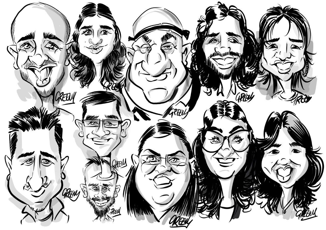 Digital live caricatures in black and white by david green
