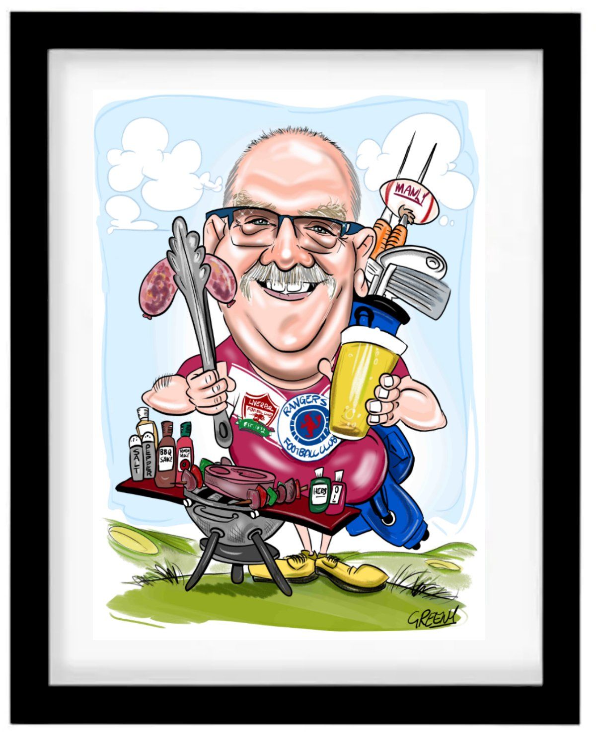 Framed birthday caricatures by David Green, original caricatures loves Manly rugby league, and a beer enjoys cooking a BBQ