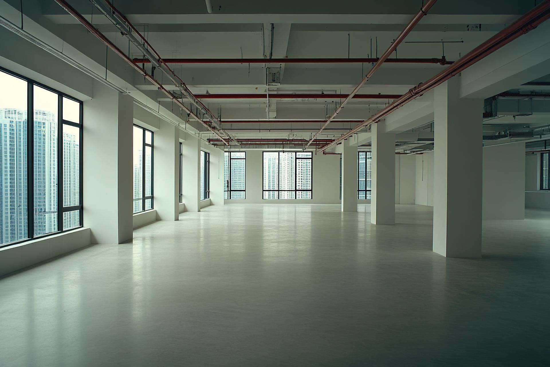 An empty office building with a lot of windows and columns.