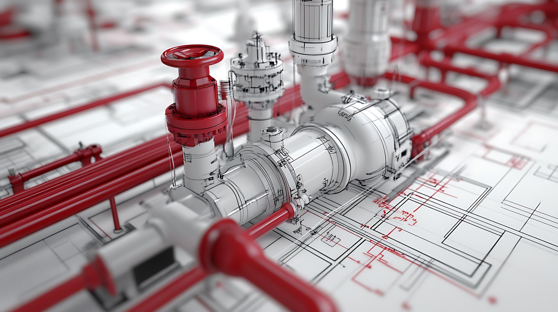 A close up of a red and white pipe system on a blueprint.