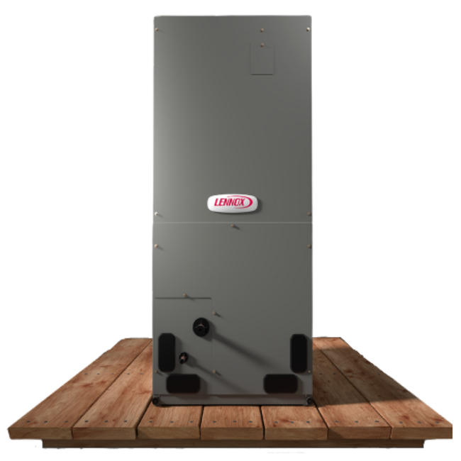 Lennox air handler unit on a wooden platform; gray with a red logo, vents and pipes.