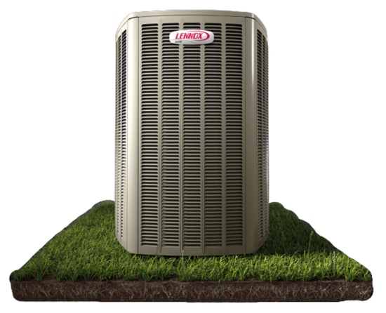 Lennox air conditioner unit on a patch of grass.
