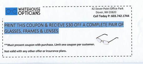 A coupon for glasses frames and lenses from whitehouse opticians