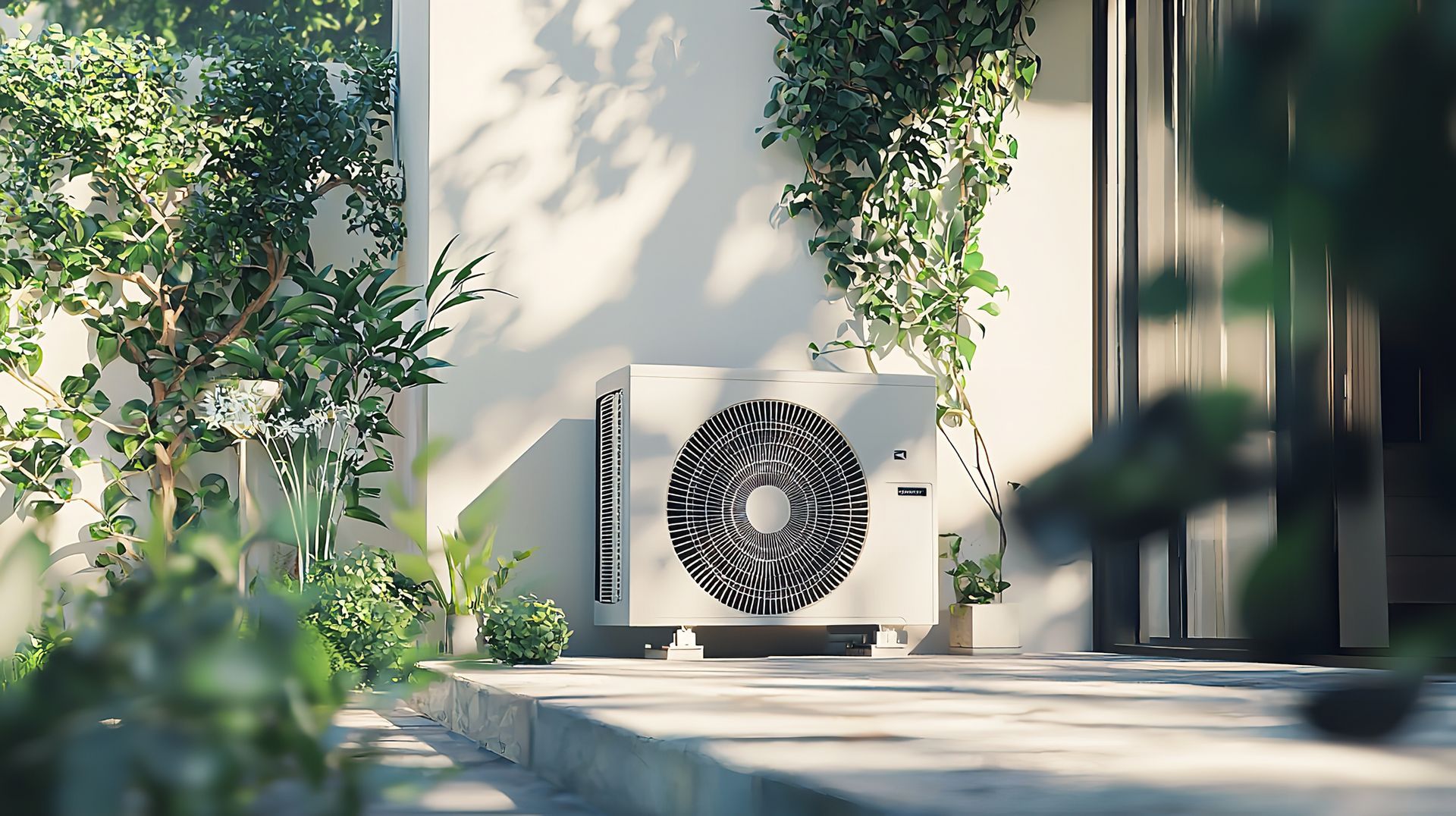 Heat pump unit outside a house, surrounded by greenery. Heat pump unit outside a house, surrounded by greenery.