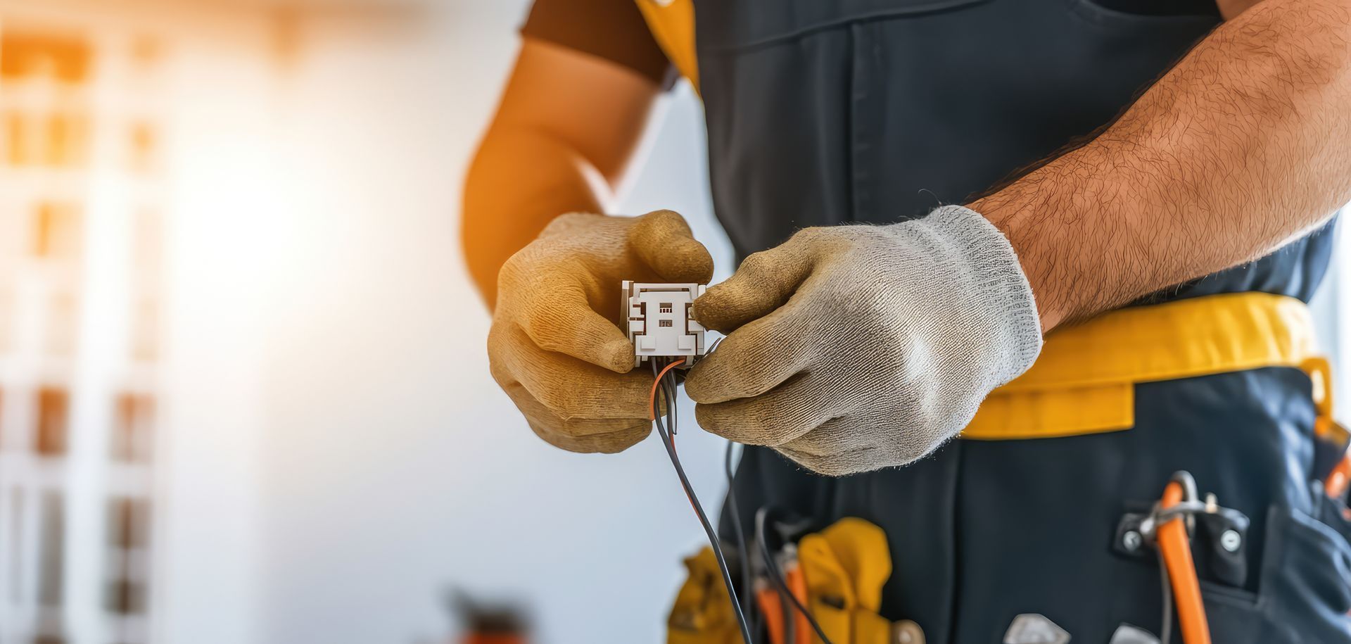 Electrician installing an electrical outlet, wearing work gloves and overalls.