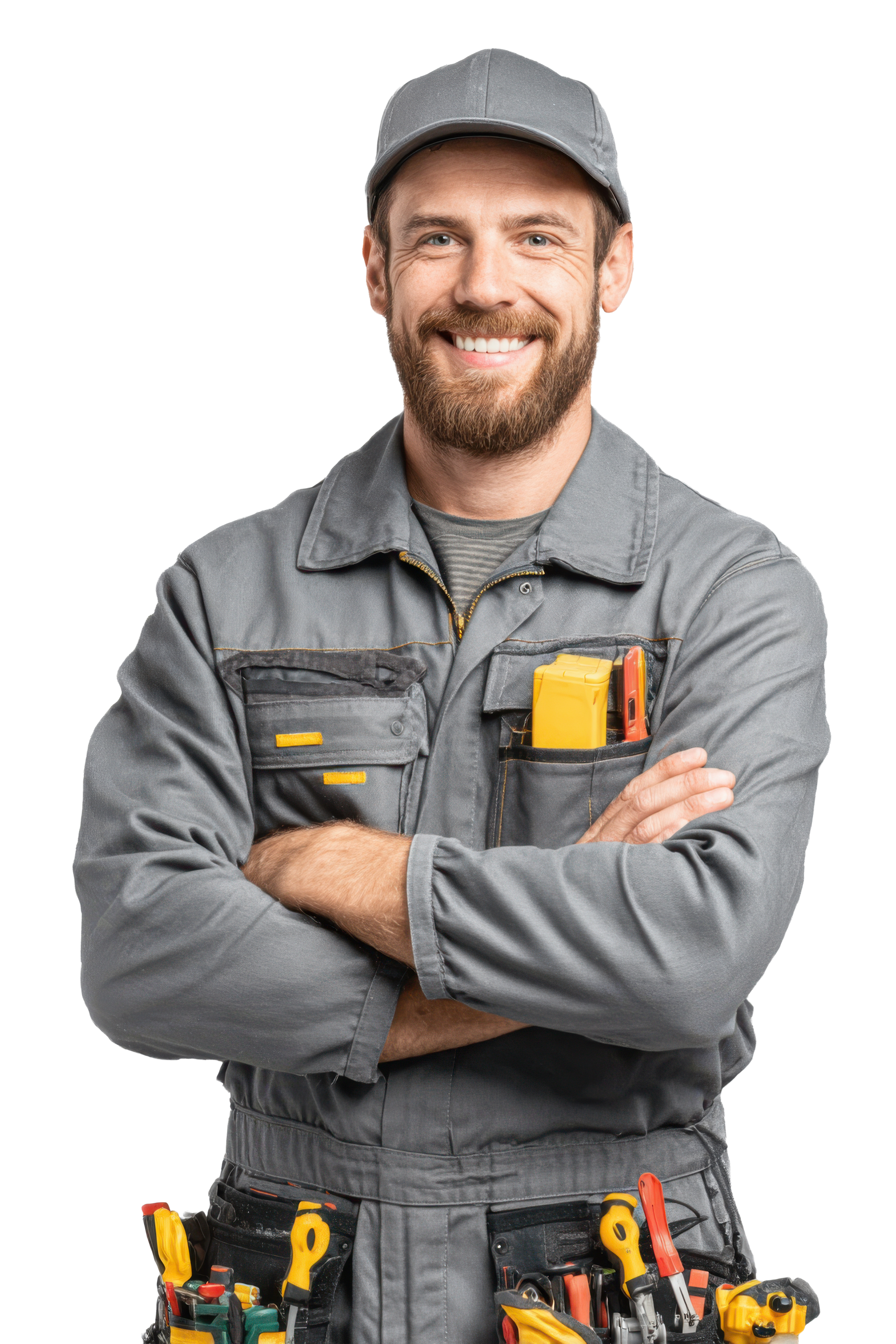 Smiling worker with crossed arms, wearing a grey uniform, cap, and tool belt. Smiling worker with crossed arms, wearing a grey uniform, cap, and tool belt.