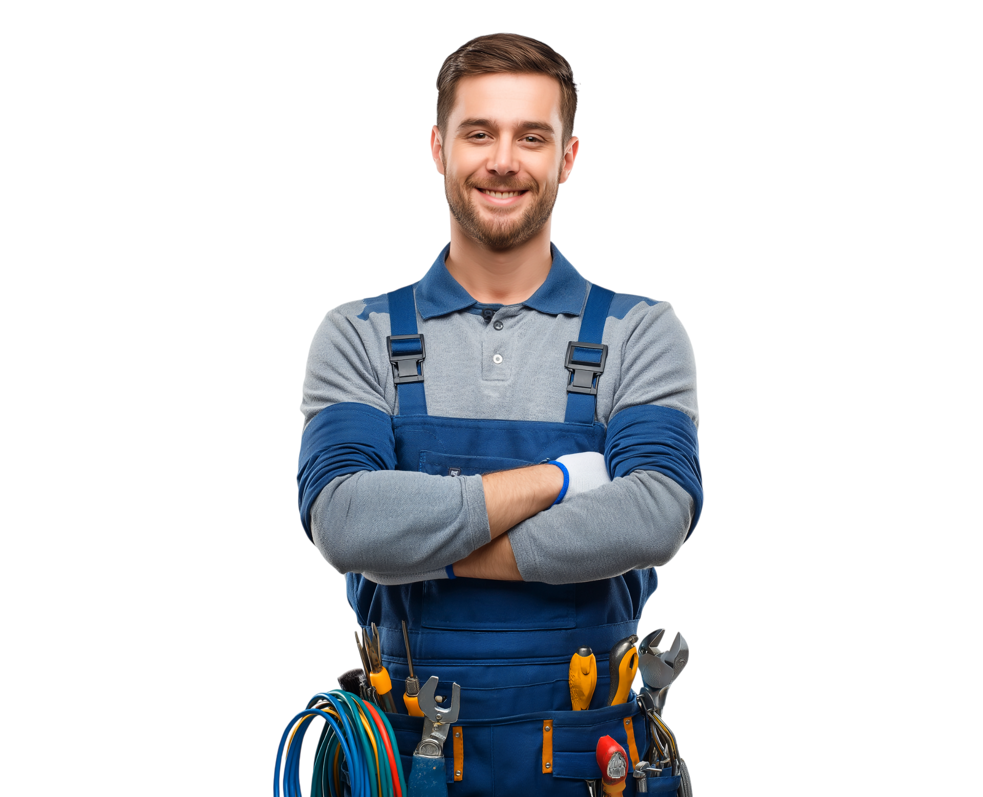 Smiling electrician in blue overalls with crossed arms, tool belt and tools.