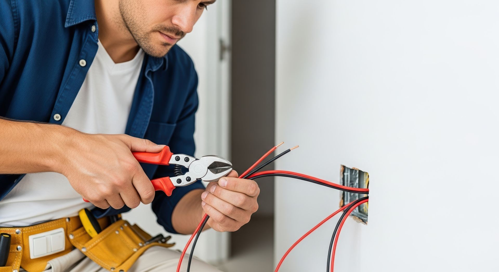 Electrician using pliers on wires near a wall outlet, indoors. Electrician using pliers on wires near a wall outlet, indoors.