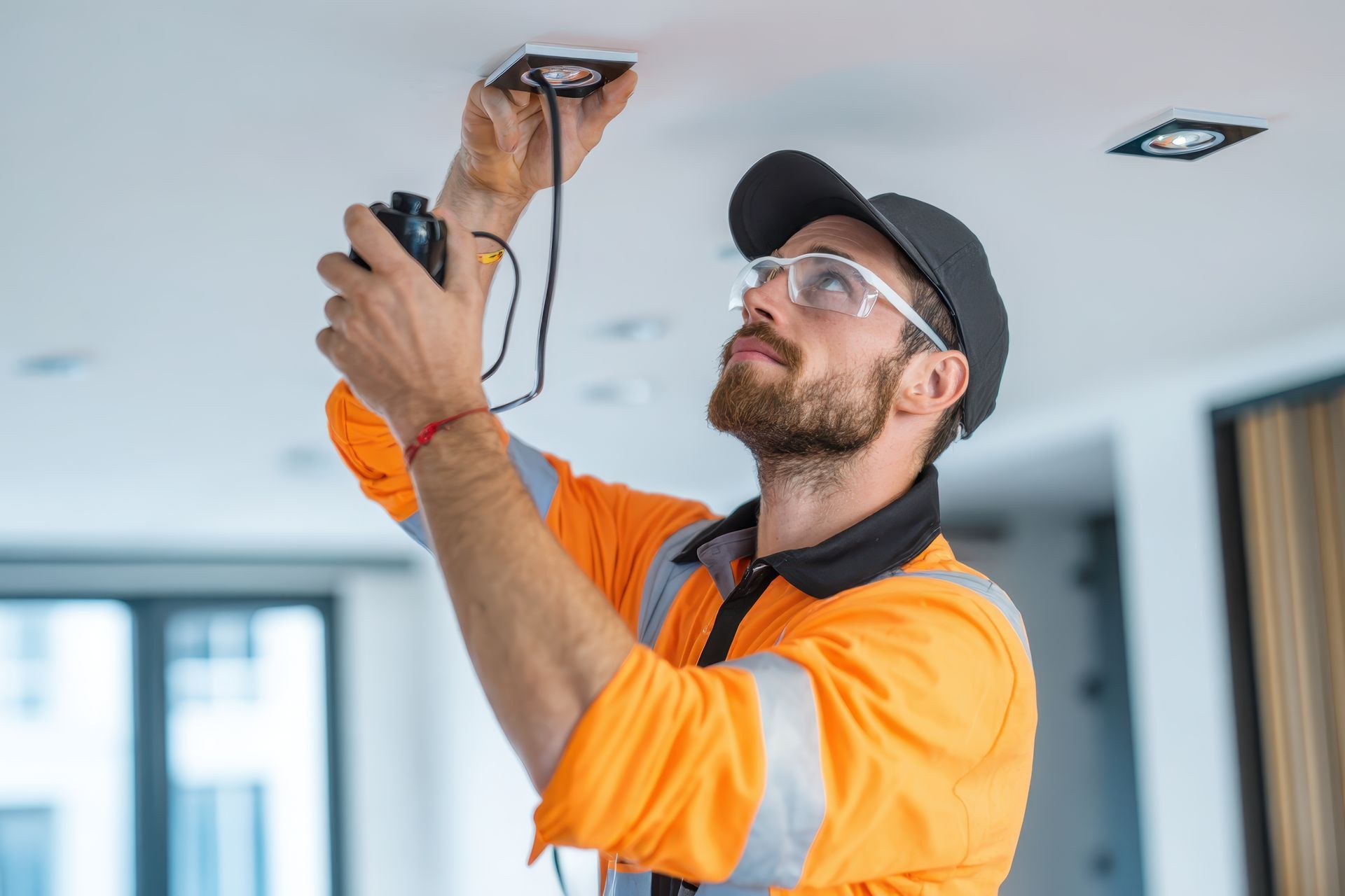 Electrician in blue uniform and white helmet smiling while working on electrical panel.