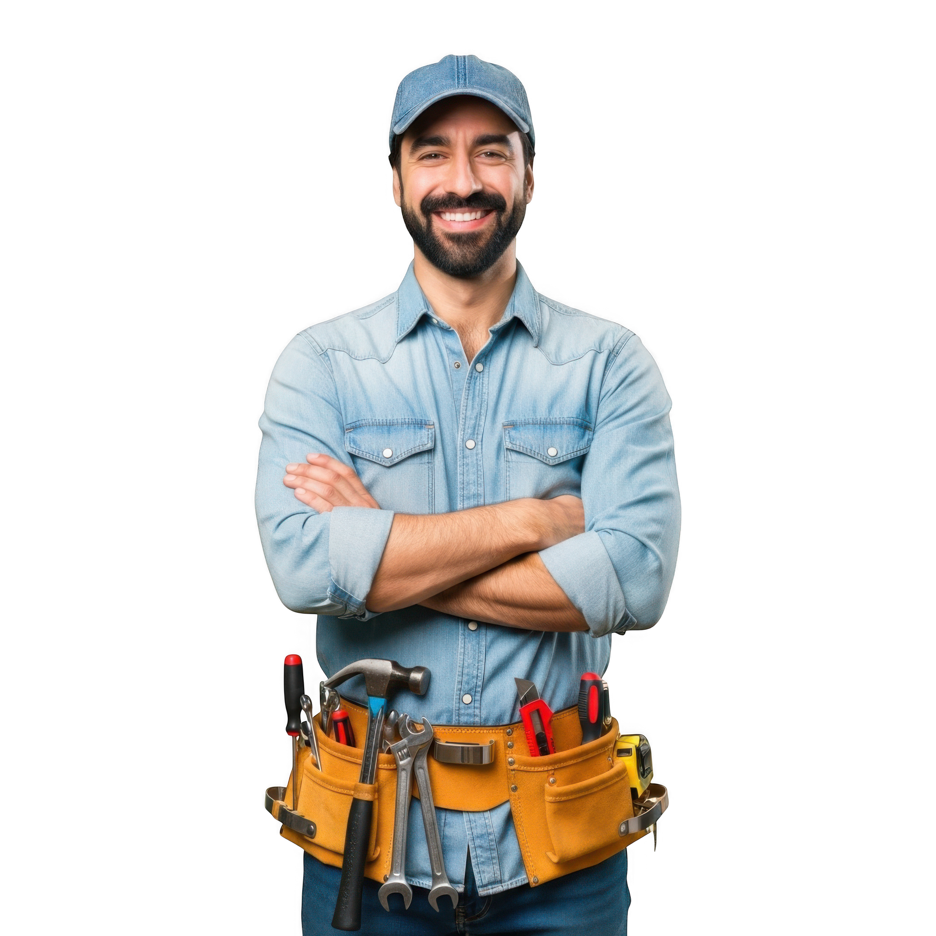 Smiling worker with tool belt and denim shirt, arms crossed, wearing a cap.