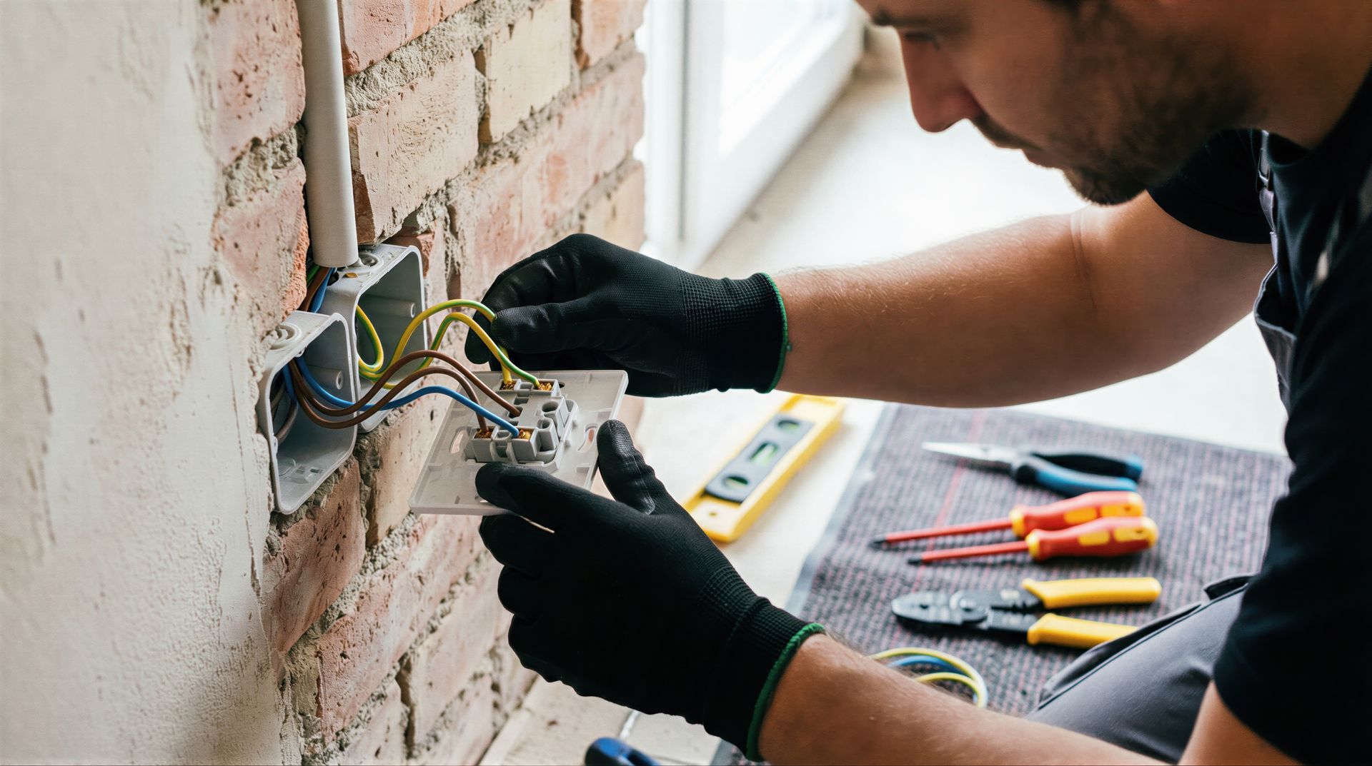 Electrician installing an electrical outlet on a brick wall, wearing black gloves. Electrician installing an electrical outlet on a brick wall, wearing black gloves.