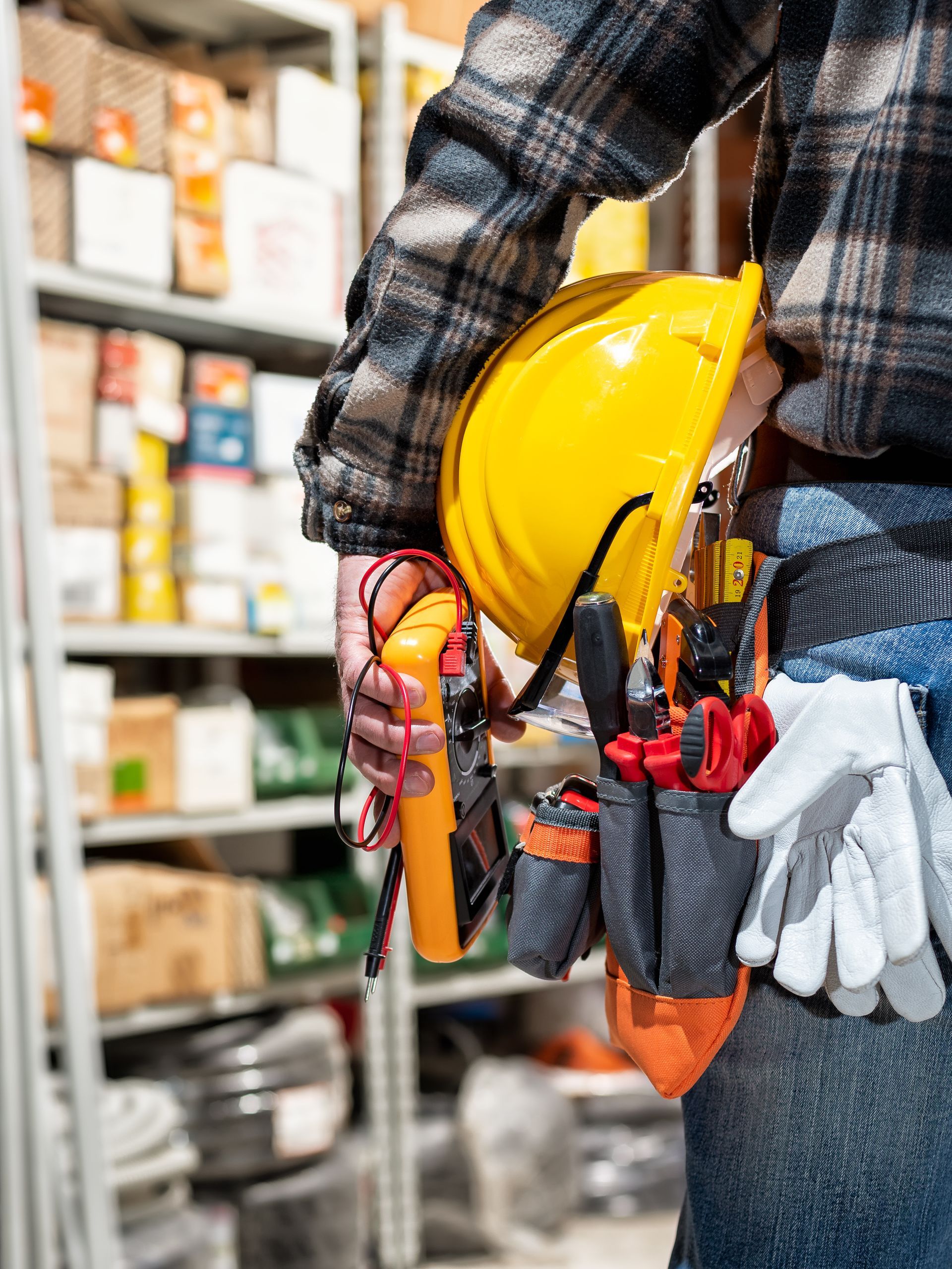 Electrician with tools and yellow hard hat in a warehouse setting. Electrician with tools and yellow hard hat in a warehouse setting.