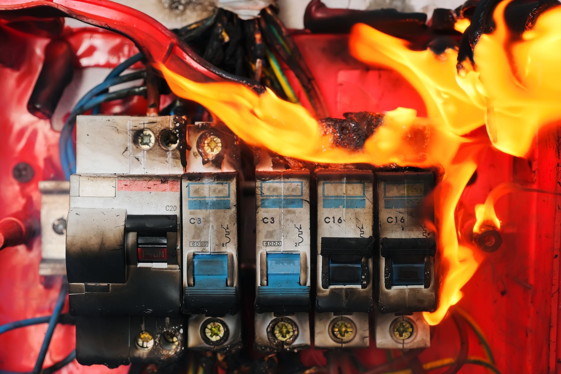 Electrical panel on fire, showing flames and damaged circuit breakers. Electrical panel on fire, showing flames and damaged circuit breakers.