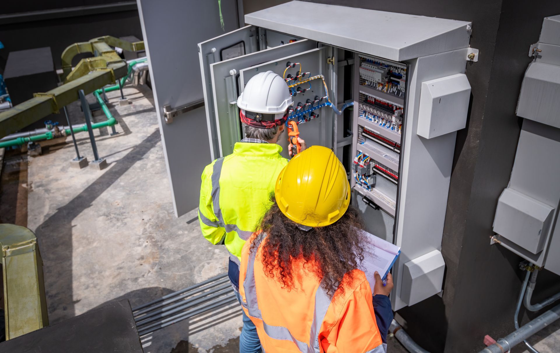 Two people in safety vests and helmets inspect an electrical panel outdoors. Two people in safety vests and helmets inspect an electrical panel outdoors.
