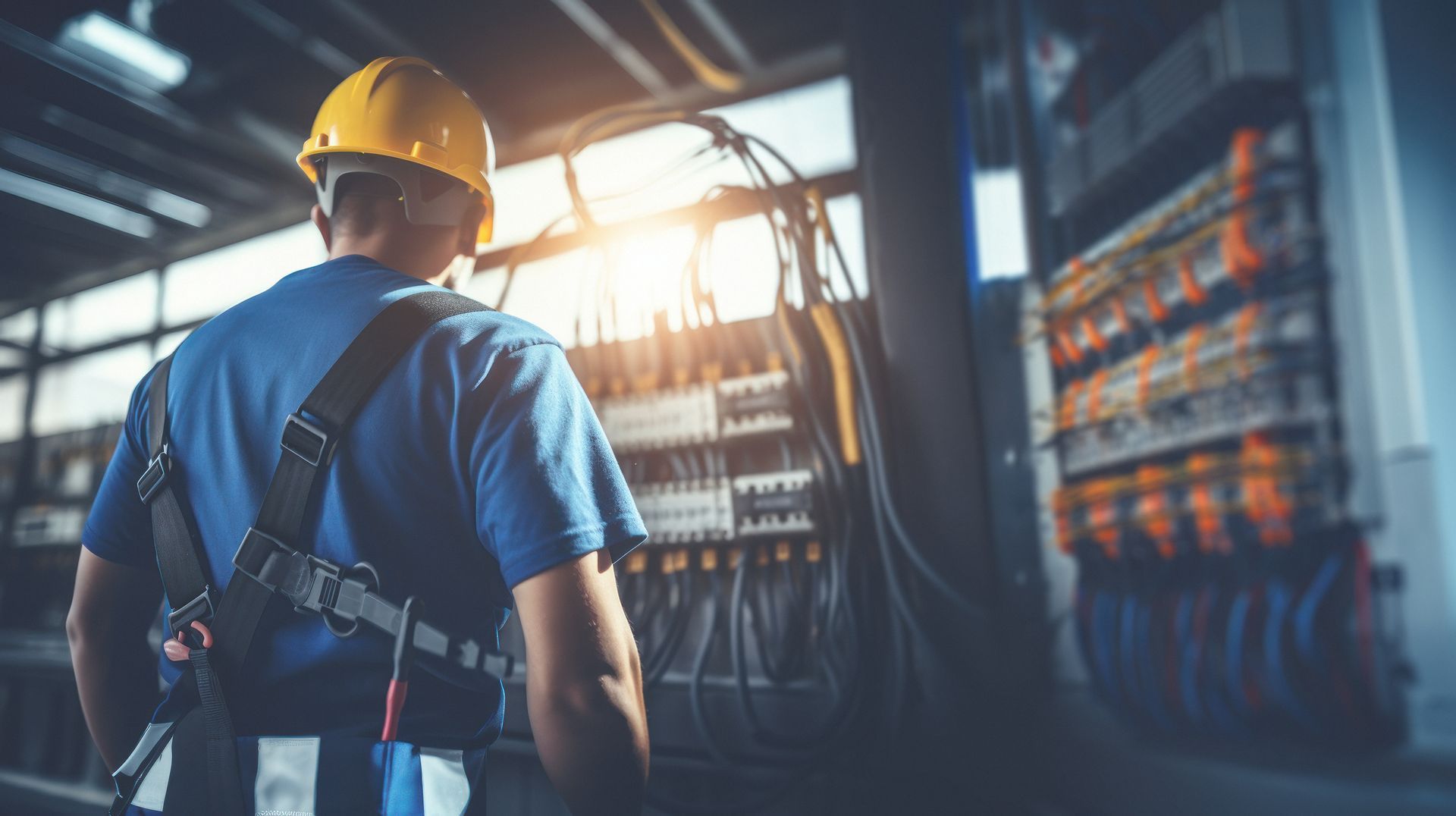 Electrician in a yellow hard hat and safety harness examining wiring in an electrical panel.