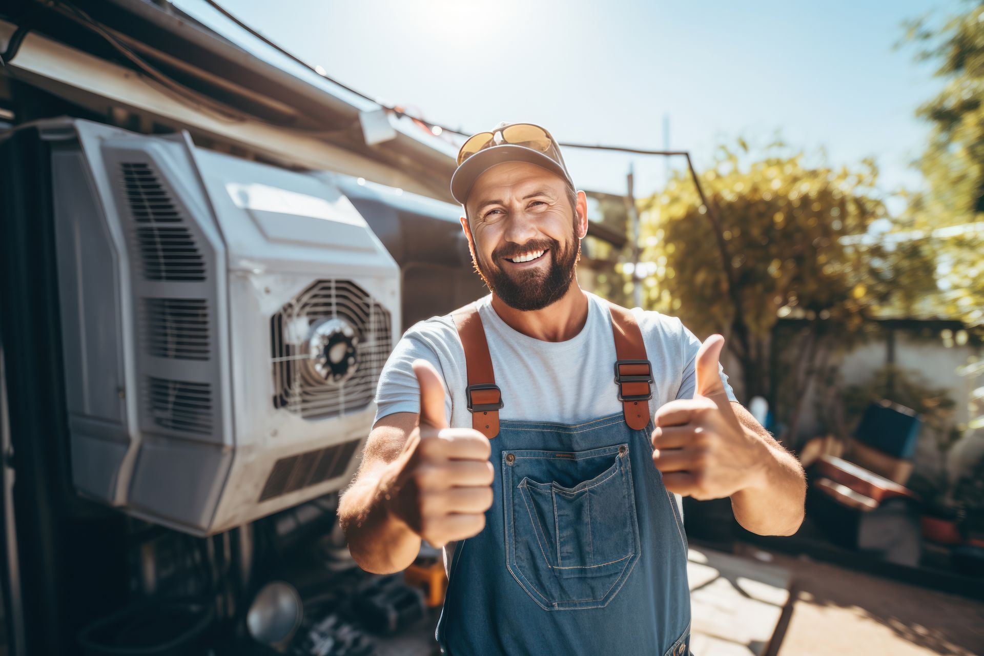 Mechanic with thumbs up in front of an AC unit. Blue overalls, sunny outdoors. Mechanic with thumbs up in front of an AC unit. Blue overalls, sunny outdoors.