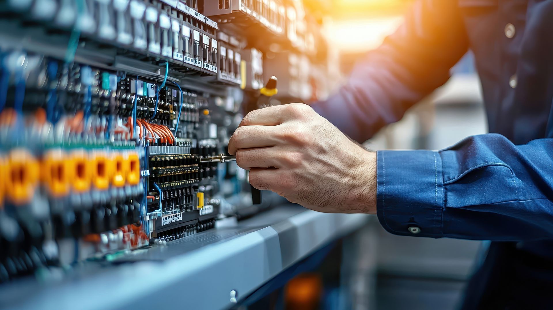 A person's hand adjusting electrical wiring within a panel; focus on the hands and circuit board. A person's hand adjusting electrical wiring within a panel; focus on the hands and circuit board.