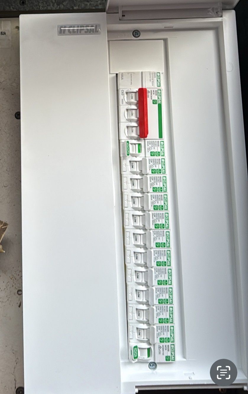 Electrician testing electrical panel with a multimeter, wearing work gloves. New switchbord upgraded to the safest standards
