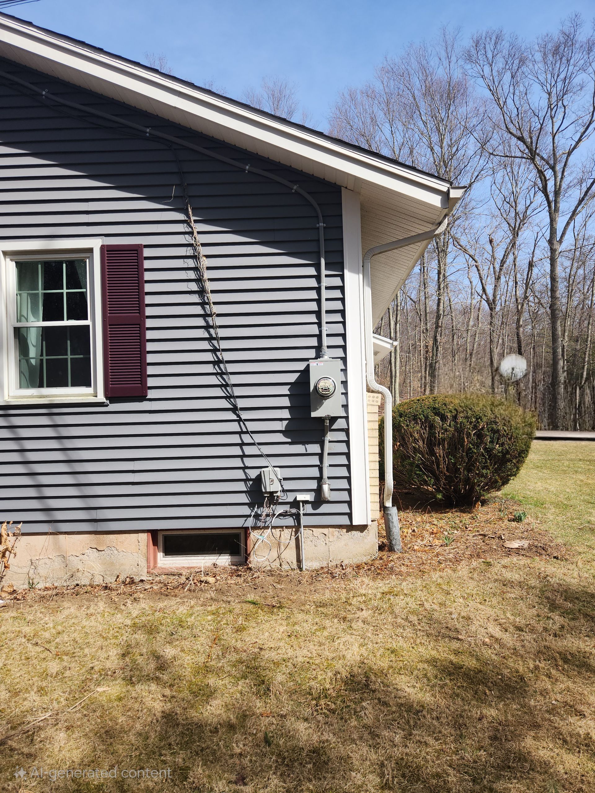 The side of a house with a gray siding and a window.