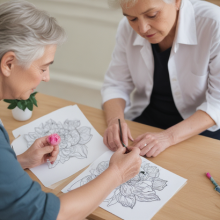 Two older women sitting at a table coloring flower illustrations in a coloring book