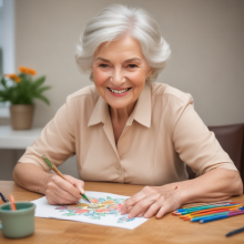 A senior woman sitting at a table coloring flower illustrations in a  coloring book. 