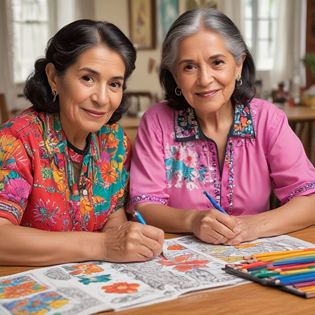 2 Spanish women smiling and coloring in  coloring book.