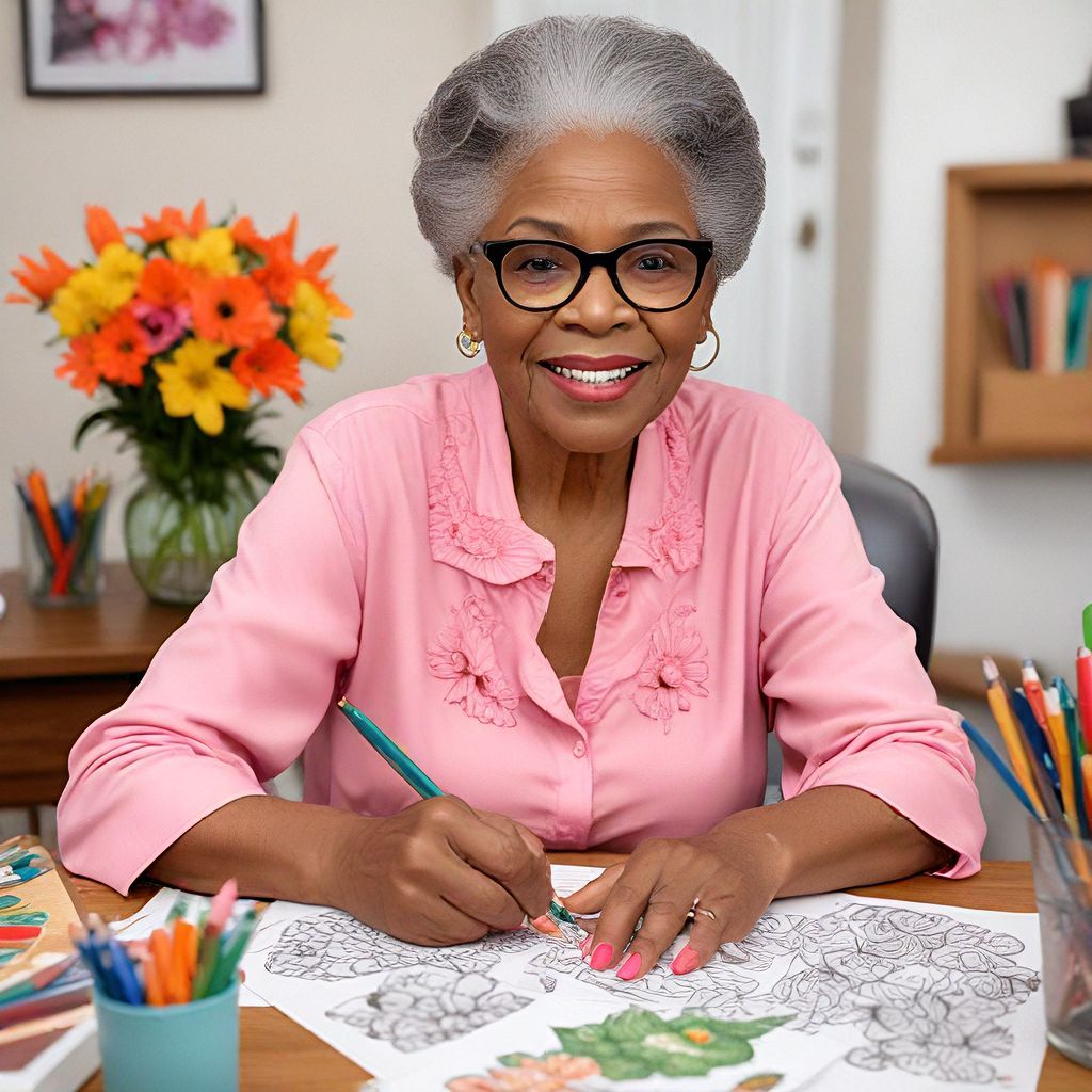 Older woman sitting at a desk coloring. 