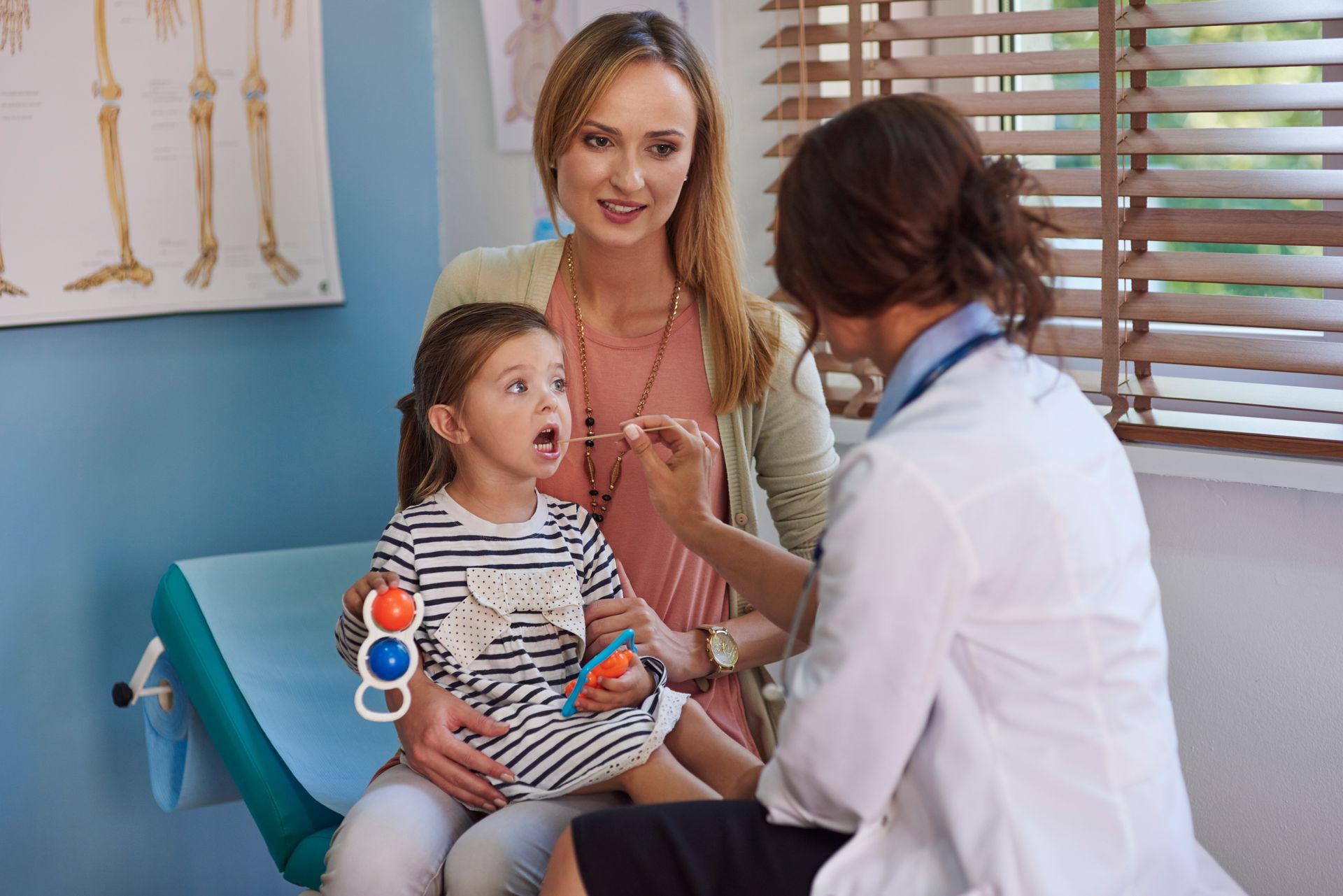 Doctor examining a young girl's throat, mother present in a doctor's office.