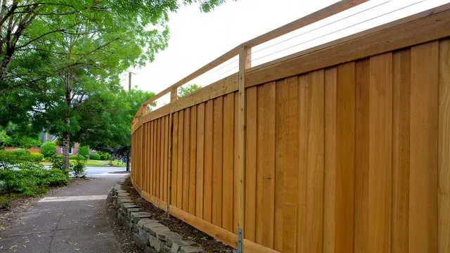 A wooden fence along a sidewalk with trees in the background.