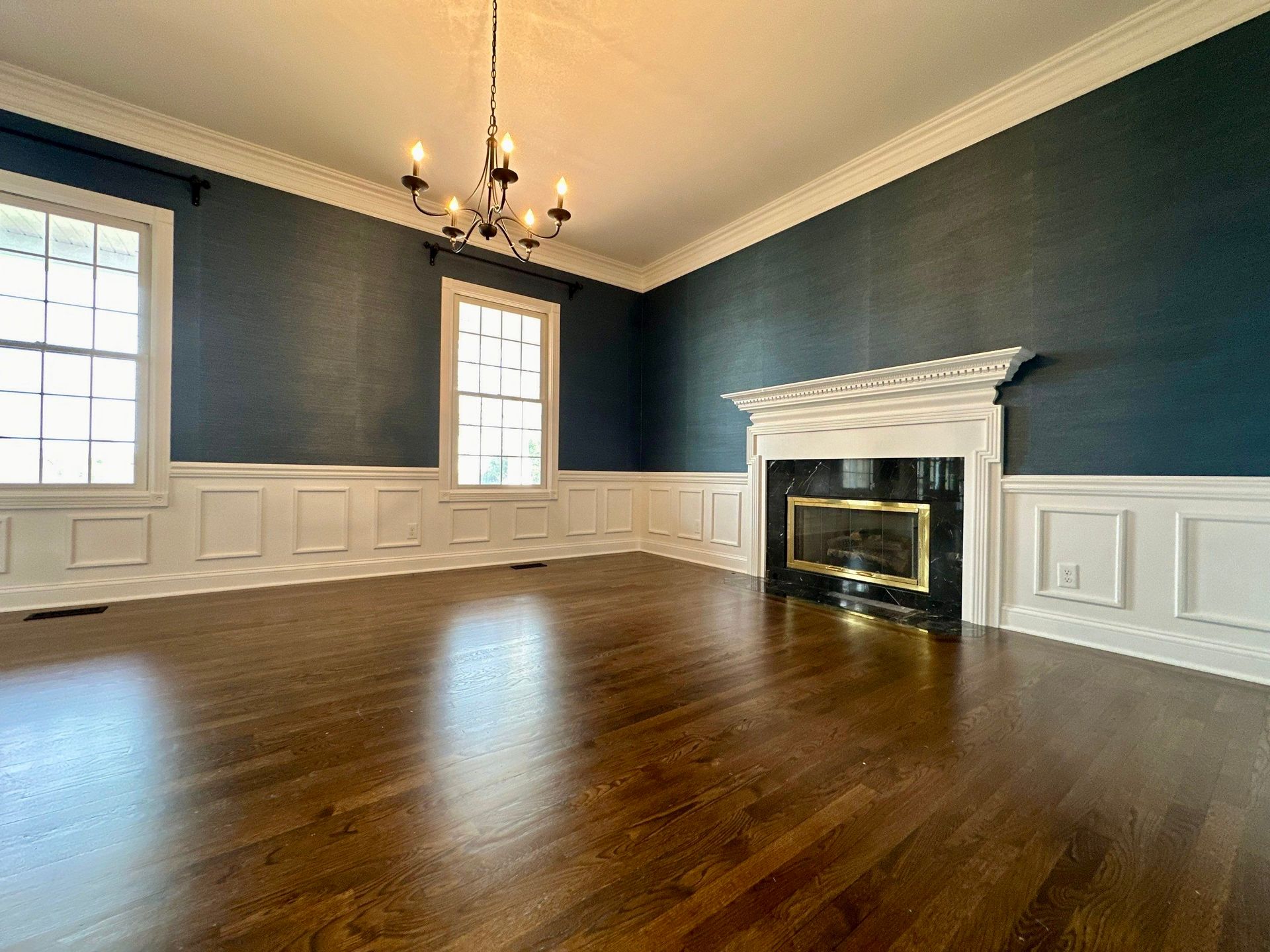 There is a fireplace in the middle of the room.