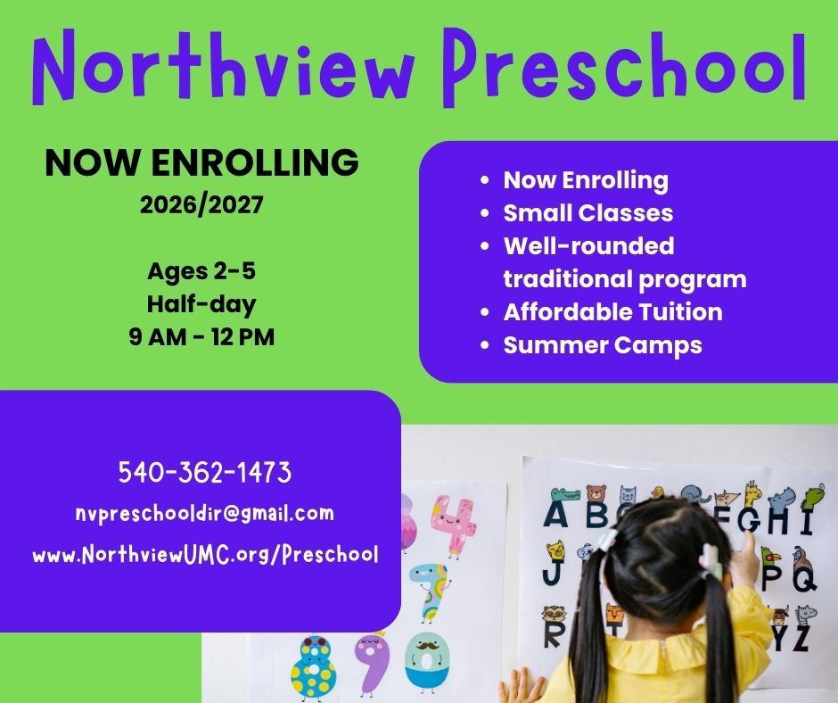 Advertisement for Northview Preschool, ages 2-5, enrolling now for 2026/2027. Purple and green design, child looking at alphabet chart.