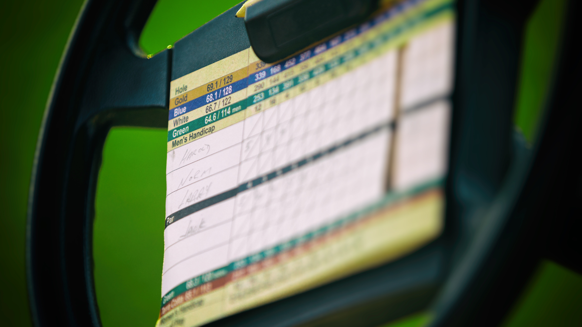 A close up of a steering wheel with a scorecard on it.