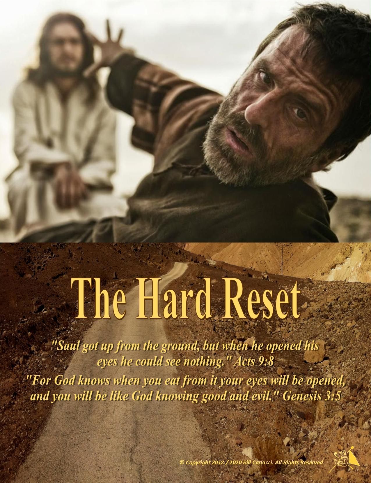A poster for the hard reset shows jesus and a man laying in the dirt
