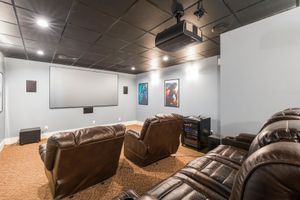 Home theater room with leather recliners, projector screen, and ceiling-mounted projector